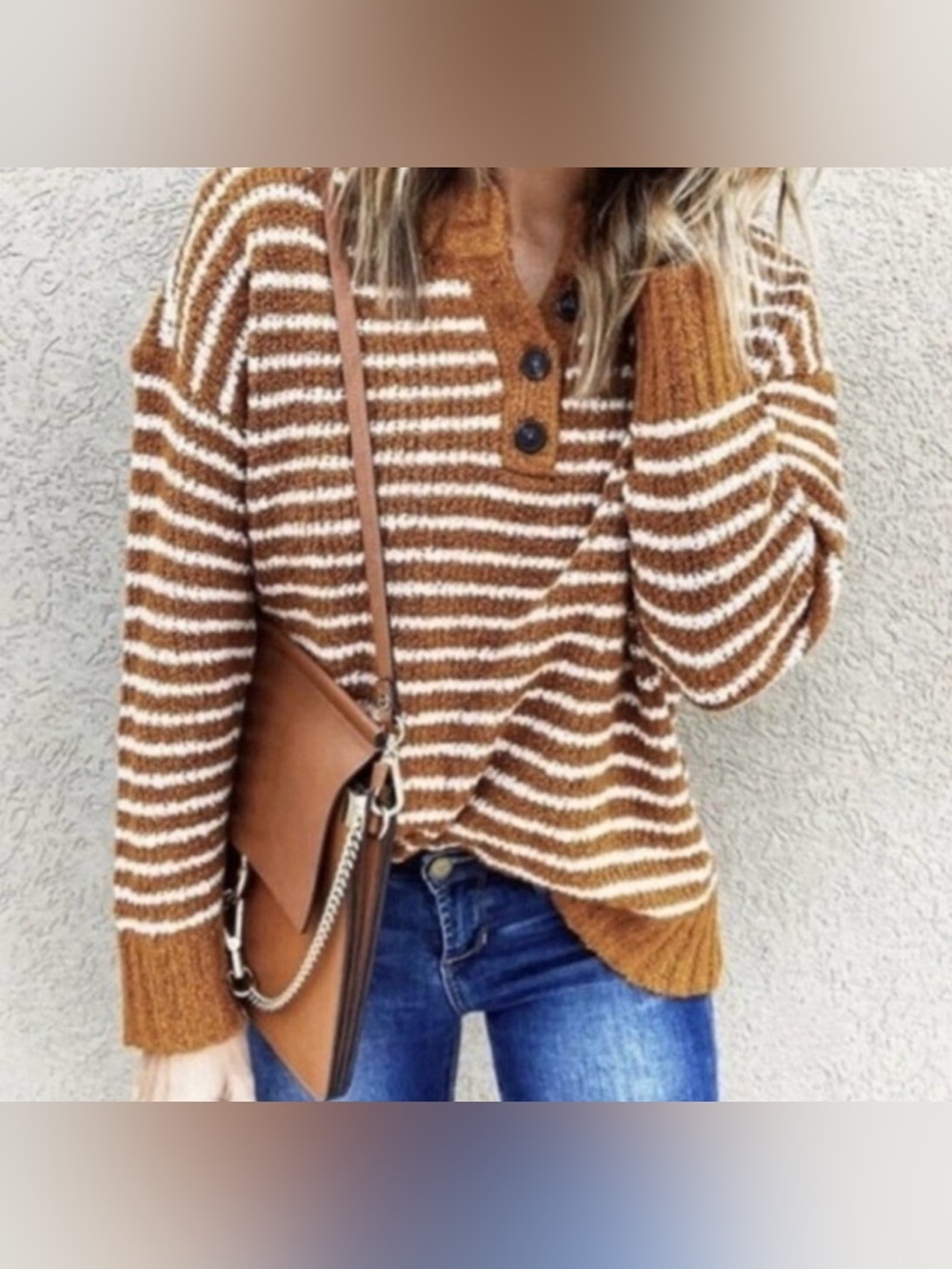 Striped Button-Neck Cozy Sweater - Brown & White American Eagle